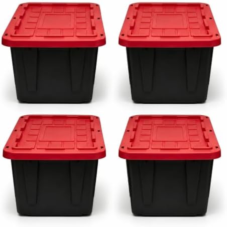 4Pcs 27-gallon Plastic Storage Box, Sturdy and Durable with A Lockable Lid, Suitable for Outdoor, Garage, Basement and Indoor Item Organization, Stackable Storage Box, Black Base and Red Lid by Unknown
