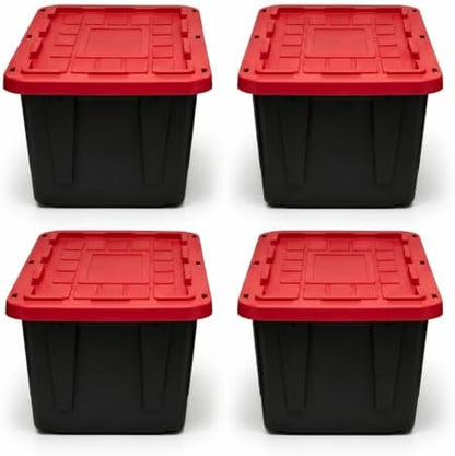 4Pcs 27-gallon Plastic Storage Box, Sturdy and Durable with A Lockable Lid, Suitable for Outdoor, Garage, Basement and Indoor Item Organization, Stackable Storage Box, Black Base and Red Lid by Unknown
