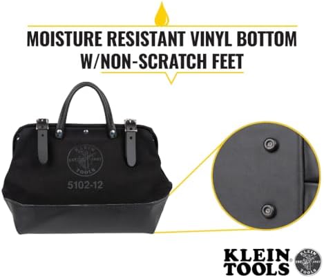 Klein Tools 510212BLK Heavy Duty Black Canvas Tool Bag, Tool Tote, Multi-Purpose Bag with Wide Hinged Opening and Leather Handles, 12-Inch - Image 4