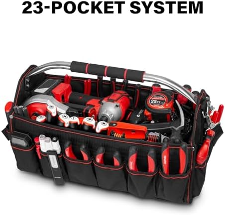 HAUTMEC 18" Foldable Tool Tote, Open Top Tool Bag with Removable Divider & Stiff Frame, 23-Pockets Electrician Tool Bag with Padded Steel Handle, Shoulder Strap & Water-Resistant Hard Base – HT0020 - Image 3