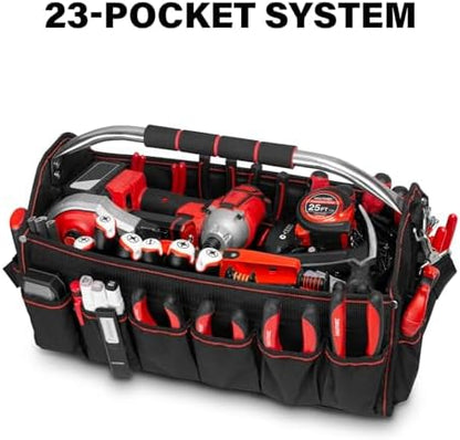 HAUTMEC 18" Foldable Tool Tote, Open Top Tool Bag with Removable Divider & Stiff Frame, 23-Pockets Electrician Tool Bag with Padded Steel Handle, Shoulder Strap & Water-Resistant Hard Base – HT0020 - Image 3