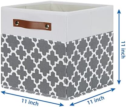 Temary 11x11x11 Cube Storage Bins Cube Organizer Bins 4 Pack Canvas Storage Bin for Home, Cube Storage Basket with Leather Handles(Grey Lattice) - Image 2