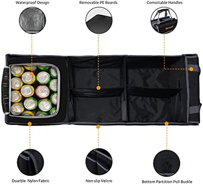Collapsible Trunk Organizer with Insulated Leakproof Cooler Bag,Removable Lid,Adjustable Securing Straps,3 Compartments Trunk Organizer for SUV,Truck,Sedan(Grey & Black) - Image 3
