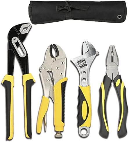 DOWELL 4-Piece Pliers Set - 8 & 10-Inch Combination, Locking & Groove Joint Pliers, Adjustable Wrench, Tool Pouch by DOWELL