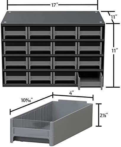 Akro-Mils Steel Garage Storage Cabinet, Small Parts Organizer Metal Cabinet for Hardware, Nails, Screws, Bolts, Nuts, and More, 17" W x 11" D x 11" H, 16-Drawer, Gray Cabinet/Black Drawers (19416) - Image 2