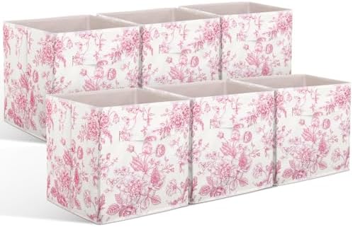 Geelin 6 Pcs Pink Floral Cube Storage Bins 11 in Storage Basket with Handle by Geelin