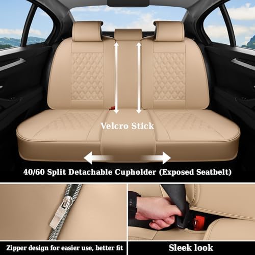 Coverado Full Set Leather Car Seat Covers, Waterproof Faux Leather Seat Covers, Beige Car Seat Protectors, 5 Seats, Universal Fit for Most Cars & SUVs-Beige - Image 3