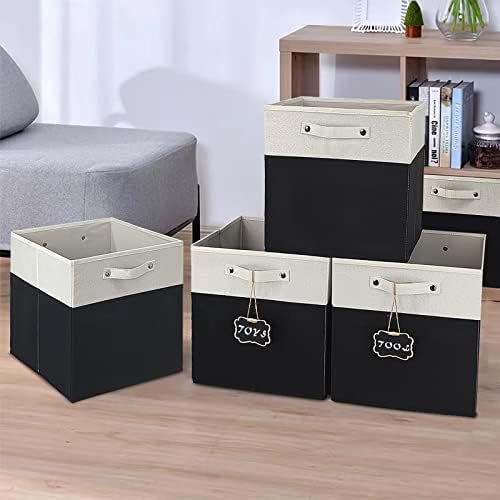 13x13x13 Inch Large Foldable Fabric Linen Cube Storage Bins【4-pack】, with Cotton Handles Closet Bins for Cabinet Shelves Home Organization and Storage bins(White&black) - Image 2