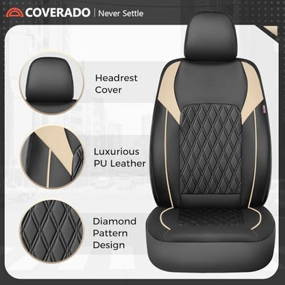 Coverado Front Seat Covers, Car Seat Covers for Cars, Faux Leather Driver Seat Covers, Waterproof Car Seat Cushion, Front Auto Seat Covers Luxury Car Seat Protector Universal Fit Most Cars Black&Beige - Image 4