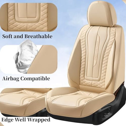 Coverado Car Seat Covers Full Set, Front Seat Cover and Back Seat Covers for Cars, Faux Leather Waterproof Seat Covers, Car Seat Protectors, Automotive Seat Covers Universal for Most Vehicles Beige - Image 2
