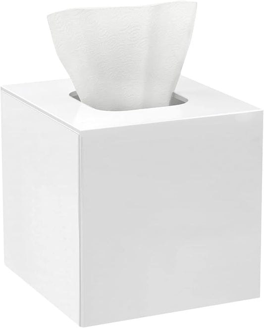 HBlife Acrylic Tissue Box Cover Square with Magnetic Bottom, 2-in-1 Dryer Sheet & Mask Holder for Bathroom, Office, Car - White, 5.51 x 5.51 x 5.91in