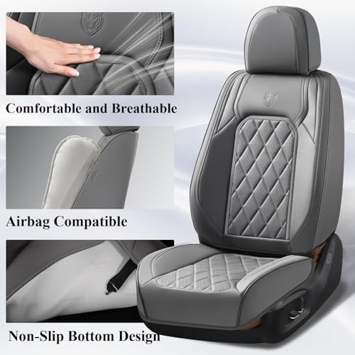 Coverado Leather Seat Covers, Car Seat Covers Full Set, Waterproof Faux Leather Seat Cover, Car Seat Protectors 5 Seats, Automotive Seat Covers Universal Fit for Most Cars SUV Trucks, Gray - Image 3