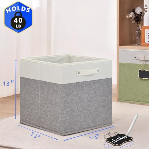 13x13x13 Storage Cube Bins 4 Pack,Collapsible Fabric Storage Cubes with Labels,Linen Cube Storage Organizer Bins with Cotton Handles,Square Storage Cubes for Home,Office,Clothes,Cabinet(White Grey). - Image 5