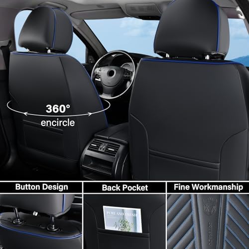 Coverado Car Seat Covers Full Set, Faux Leather Seat Covers for Car, Luxury Automotive Seat Covers Waterproof Car Seat Protector Universal Fit for Most Cars SUV Truck with Lumbar Support(Black&Blue) - Image 3