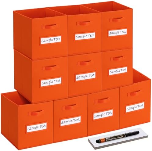 13x13 storage cube bins (Set of 10) Foldable Fabric storage cubes with 10 Labels Window Cards & a Pen,13 inch cube storage bins,Closet Organizers for Shelves,Cubby Organizer Boxes,Orange by Artsdi