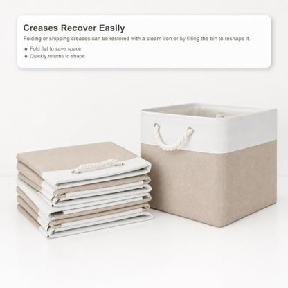 11x11 Inch Cube Storage Bins, 8 Pack Collapsible Fabric Storage Cubes with Rope Handles, Waterproof Foldable Storage Baskets for Cube Shelves, Closet, Clothes, Toys, Books, White & Beige - Image 5