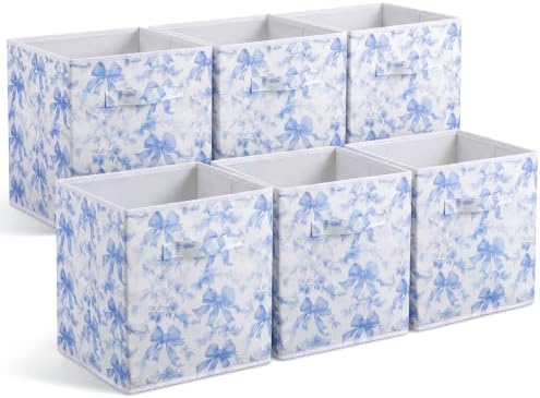 Geelin 6 Pcs Blue Floral Bow Cube Storage Bins 11 in Basket with Handle by Geelin