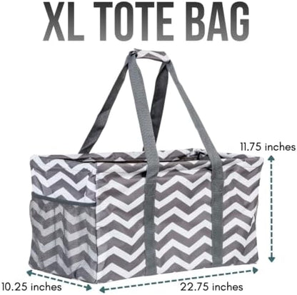 Extra Large Utility Tote Bag - Oversized Collapsible Reusable Wire Frame Rectangular Canvas Basket With Two Exterior Pockets For Beach, Pool, Laundry, Car Trunk, Storage - Chevron Gray - Image 3