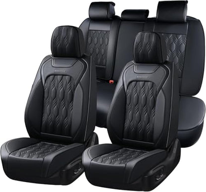 Coverado Car Seat Cover, Black Seat Cover for Cars, Luxury Leather Seat Covers Full Set with Embossed Pattern, Waterproof Car Seat Protector Car Seat Cushions Universal Fit Most Vehicle by COVERADOAUTO