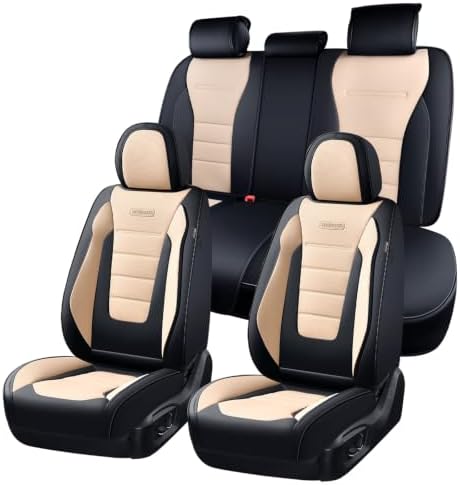 Coverado Car Seat Covers Full Set, Nappa Leather Seat Covers for Cars, Car Seat Protector Car Seat Cushion, Front and Back Seat Protectors Cushions Universal Fit for Most Cars Vehicles(Black&Beige) by COVERADOAUTO