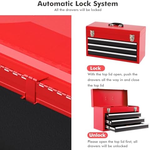 Goplus Tool Box with 3 Drawers, 4-Tier 20.5" Portable Tool Chest Organizer with Top Tool Tray, Auto Lock, Protective Liner, Handle, Steel Metal Small Toolbox for Gargae, Workshop, Home - Image 2