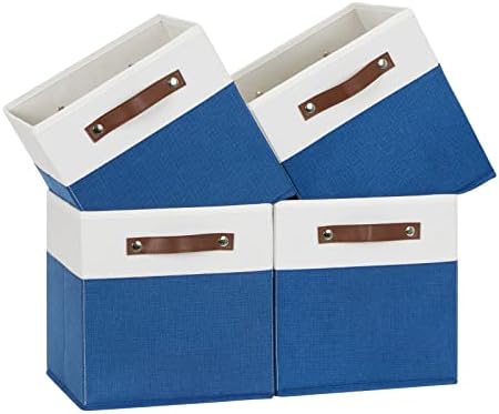 Temary 11 Storage Cube Bins for Shelves, Closet - 4 Pack Fabric Baskets With Leather Handles (White & Blue) by TEMARY