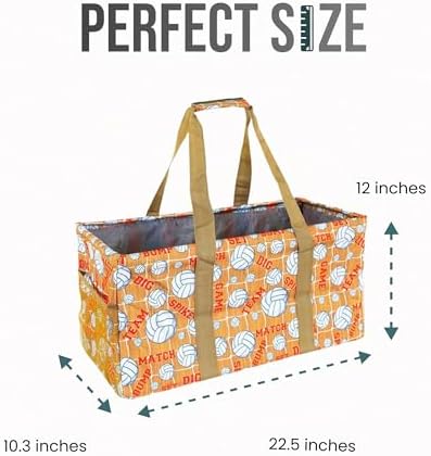 Extra Large Utility Tote Bag - Oversized Collapsible Reusable Wire Frame Rectangular Canvas Basket With Two Exterior Pockets For Beach, Pool, Laundry, Car Trunk, Storage - Volleyball - Image 4