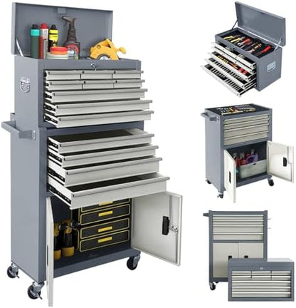 13-Drawer Rolling Tool Chest with Double Door Handle, 2-in-1 Detachable Metal Storage Cabinet with Wheels and Lock, Large Capacity Tool Box for Garage, Gift for Men Dad Husband Fathers(Grey) by Sonlmik