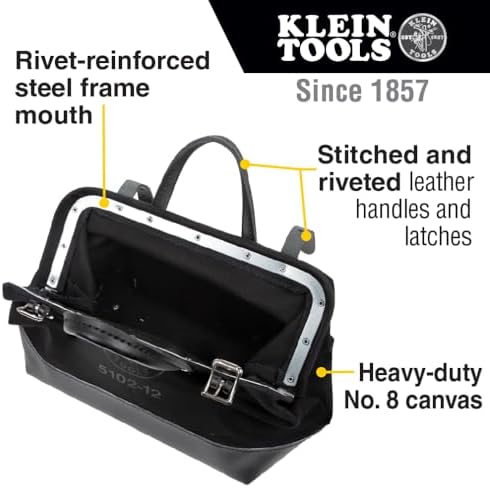 Klein Tools 510212BLK Heavy Duty Black Canvas Tool Bag, Tool Tote, Multi-Purpose Bag with Wide Hinged Opening and Leather Handles, 12-Inch - Image 2