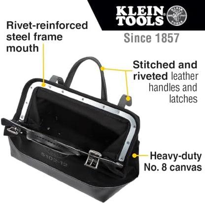 Klein Tools 510212BLK Heavy Duty Black Canvas Tool Bag, Tool Tote, Multi-Purpose Bag with Wide Hinged Opening and Leather Handles, 12-Inch - Image 2
