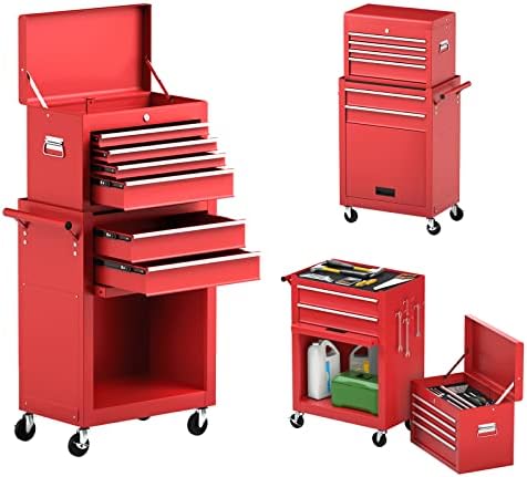 Goplus Tool Chest, 6 Drawers Rolling Tool Cabinet with Detachable Top Toolbox, Universal Lockable Wheels, Protective Liner, Auto Lock, Metal Tool Storage Cart, Tool Box for Garage Workshop by Goplus