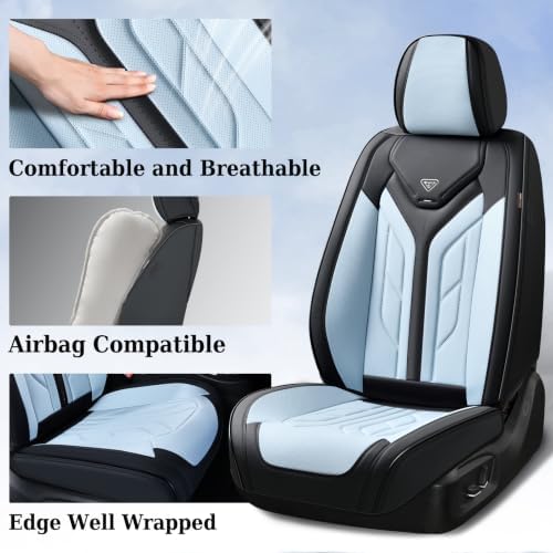 Coverado Seat Covers, Car Seat Covers Front Seats, Leather Seat Covers for Cars, Automotive Seat Covers Car Seat Protector Car Seat Cushion Universal Fit for Most Sedans SUV Truck(Black&Light Blue) - Image 2