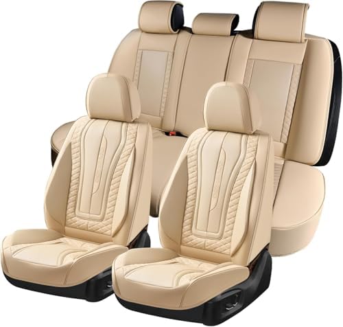 Coverado Car Seat Covers Full Set, Front Seat Cover and Back Seat Covers for Cars, Faux Leather Waterproof Seat Covers, Car Seat Protectors, Automotive Seat Covers Universal for Most Vehicles Beige by COVERADOAUTO