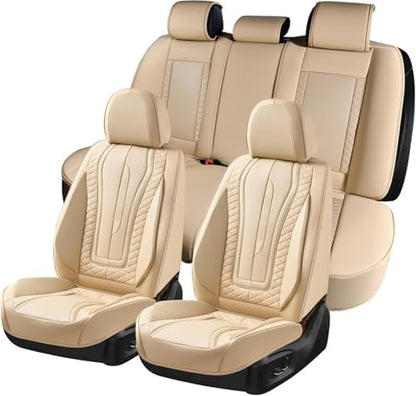 Coverado Car Seat Covers Full Set, Front Seat Cover and Back Seat Covers for Cars, Faux Leather Waterproof Seat Covers, Car Seat Protectors, Automotive Seat Covers Universal for Most Vehicles Beige by COVERADOAUTO