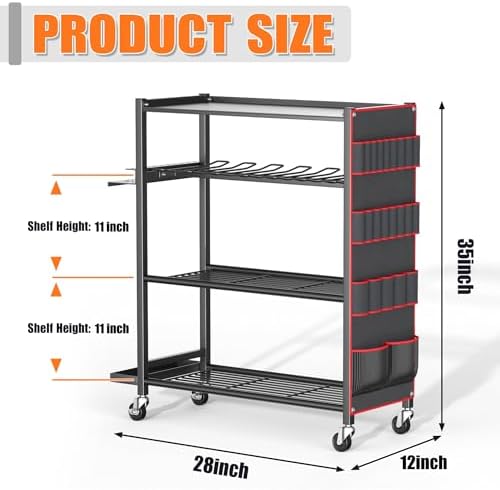 TORACK Rolling Power Tool Storage Cart, 4-Tier Large Drill Organizer with Slots for 12 Drills, Freestanding Cordless Tool Rack with Wheels for Garage & Workshop - Image 4