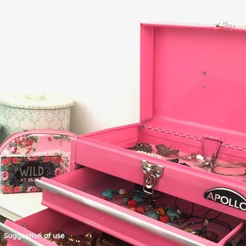 Apollo Tools 14 Inch Steel Tool Box with Deep Top Compartment and 2 Drawers in Heavy-Duty Steel With Ball Bearing Opening and Powder Coated Finish - Pink Ribbon - Pink - DT5010P - Image 4