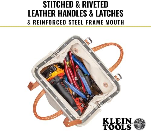 Klein Tools 5102-12 Heavy Duty Natural Canvas Tool Bag, Tool Tote, Multi-Purpose Bag with Wide Hinged Opening and Leather Handles, 12-Inch - Image 5