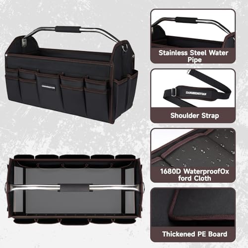 22 In Tool Carrier, Open Top Tool Tote 30 Pockets, Waterproof Tool Bag For Men, Foldable Wide Mouth Electricians Tool Bag, With Stainless Steel Handle and Removable Shoulder Strap - Image 3