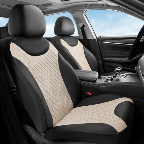 Coverado Front Seat Covers, 2 Seats Universal Seat Covers for Cars, Leather & Fabric Splicing Design Car Seat Protectors, Waterproof Car Seat Cushions Universal Fit for Vehicles, Black & Beige by COVERADOAUTO