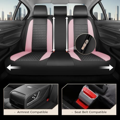 Coverado Car Seat Covers Full Set, Leather Seat Covers for Cars, Waterproof Car Seat Protectors, Front and Back Car Seat Cushions Automotive Seat Covers Universal Fit for Most Cars, Black&Pink - Image 4