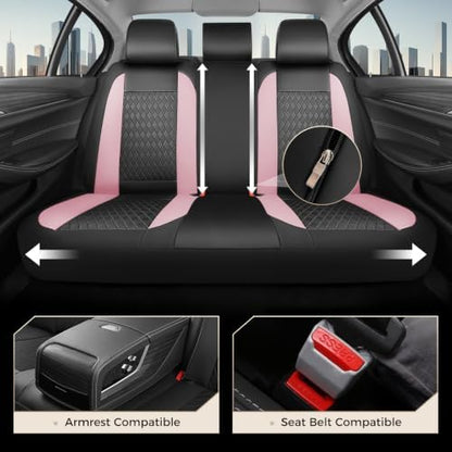 Coverado Car Seat Covers Full Set, Leather Seat Covers for Cars, Waterproof Car Seat Protectors, Front and Back Car Seat Cushions Automotive Seat Covers Universal Fit for Most Cars, Black&Pink - Image 4