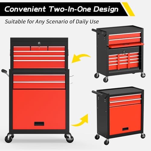 On Shine 8 Drawer Rolling Tool Chest, Large Capacity Rolling Tool Box with Wheels, Locking Mechanical Tool Chest, Portable Tool Box with Sliding Drawers for Garage Workshop and Tool Room (Black Red) - Image 6