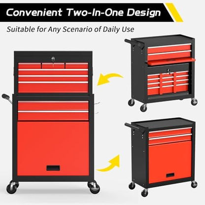 On Shine 8 Drawer Rolling Tool Chest, Large Capacity Rolling Tool Box with Wheels, Locking Mechanical Tool Chest, Portable Tool Box with Sliding Drawers for Garage Workshop and Tool Room (Black Red) - Image 6