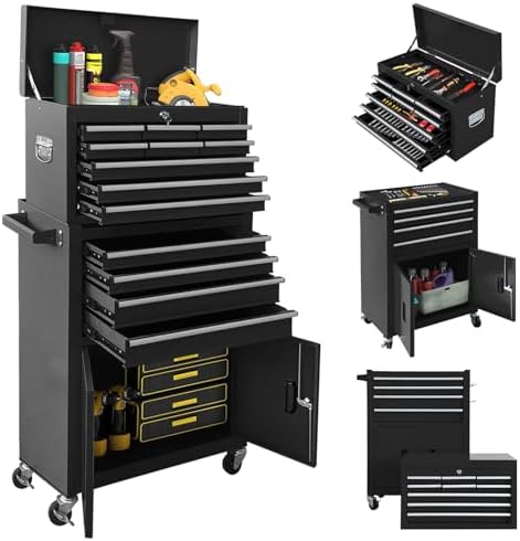 13-Drawer Rolling Tool Chest with Double Door Handle, 2-in-1 Detachable Metal Storage Cabinet with Wheels and Lock, Large Capacity Tool Box for Garage, Gift for Men Dad Husband Fathers(Black) by Sonlmik