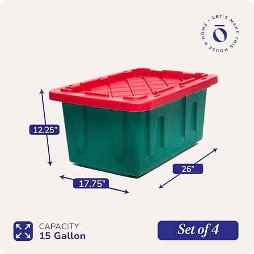 HOMZ 4-Pack Durabilt Tote, Heavy Duty Plastic Storage Bins with Lids, 15 Gallon, Green/Red - Stackable Organizing Containers for Home, Garage, and Office - Image 4