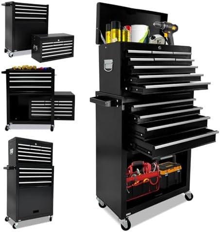 13-drawer Rolling Tool Chest with Wheels, Tool Box Organizer with Sliding Drawers,Large Tool Storage Cabinet, High Capacity Tool Cart with Locking System (Black) by Kirmosal
