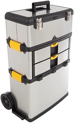 3-Part Portable Tool Box - Stainless-Steel Drawer Organizer with Wheels, Extendable Handle and Tough Latches - Rolling Tool Chest by Stalwart (Silver) by Stalwart