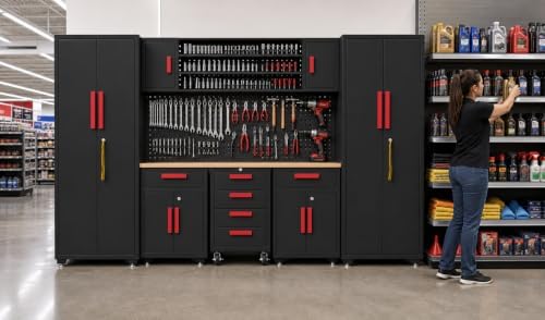9-Pcs Garage Storage Cabinet System with Steel Cabinet,Red Handle - Image 7