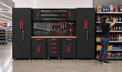 9-Pcs Garage Storage Cabinet System with Steel Cabinet,Red Handle - Image 7