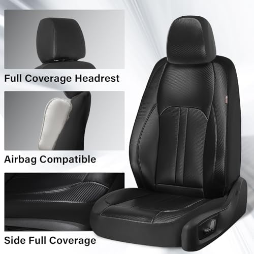 Coverado Leather Car Seat Covers Full Set & Carbon Fiber, Waterproof and Durable All Weather Protector, Universal Fit for SUV, Pickup Truck, Sedan, Automotive Vehicle Interior, Black - Image 4